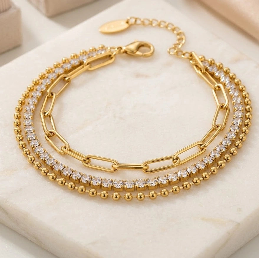 Triple Layer Mixed Chain Anti Tarnish Gold Plated Bracelet