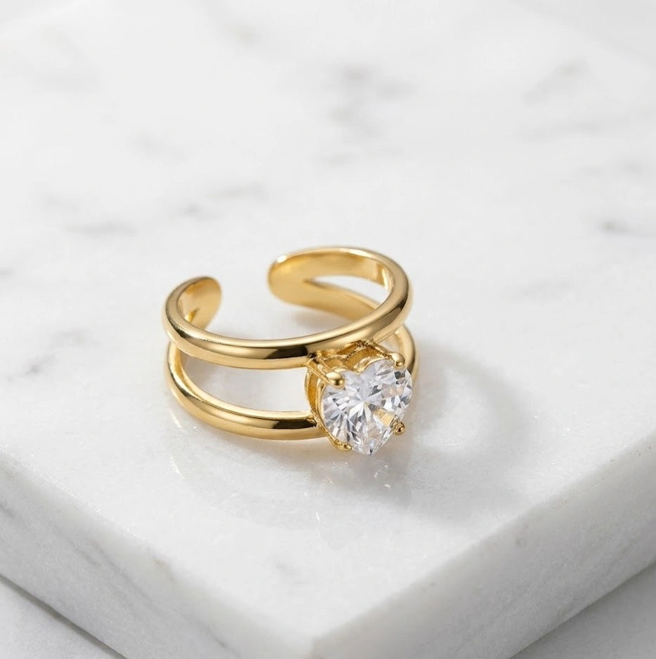 Radiant Heart Double Band Ring - Anti Tarnish Gold Plated