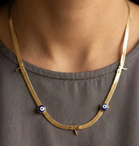 Anti-Tarnish Evil Eye & Dragonfly Herringbone Necklace - Gold Plated