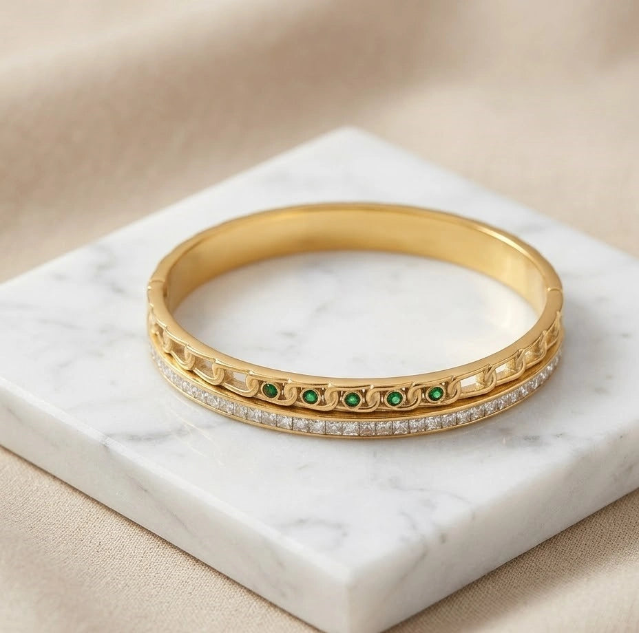Emerald & CZ Dual Layer Gold Plated Bracelet | Anti Tarnish