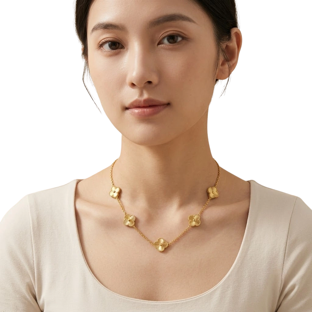 Vintage Clover 5-Motif Gold-Plated Necklace | Anti-Tarnish & Waterproof