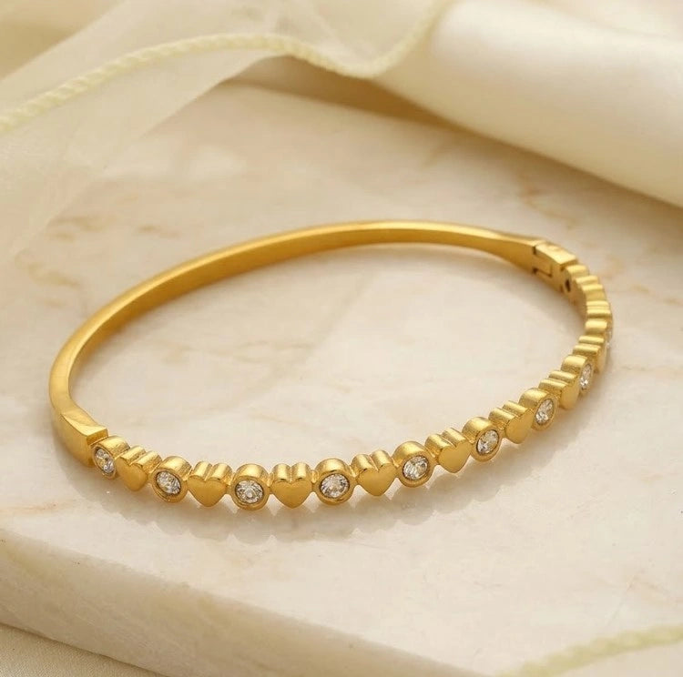 Heart & CZ Crystal Bangle Bracelet - Anti Tarnish Gold Plated