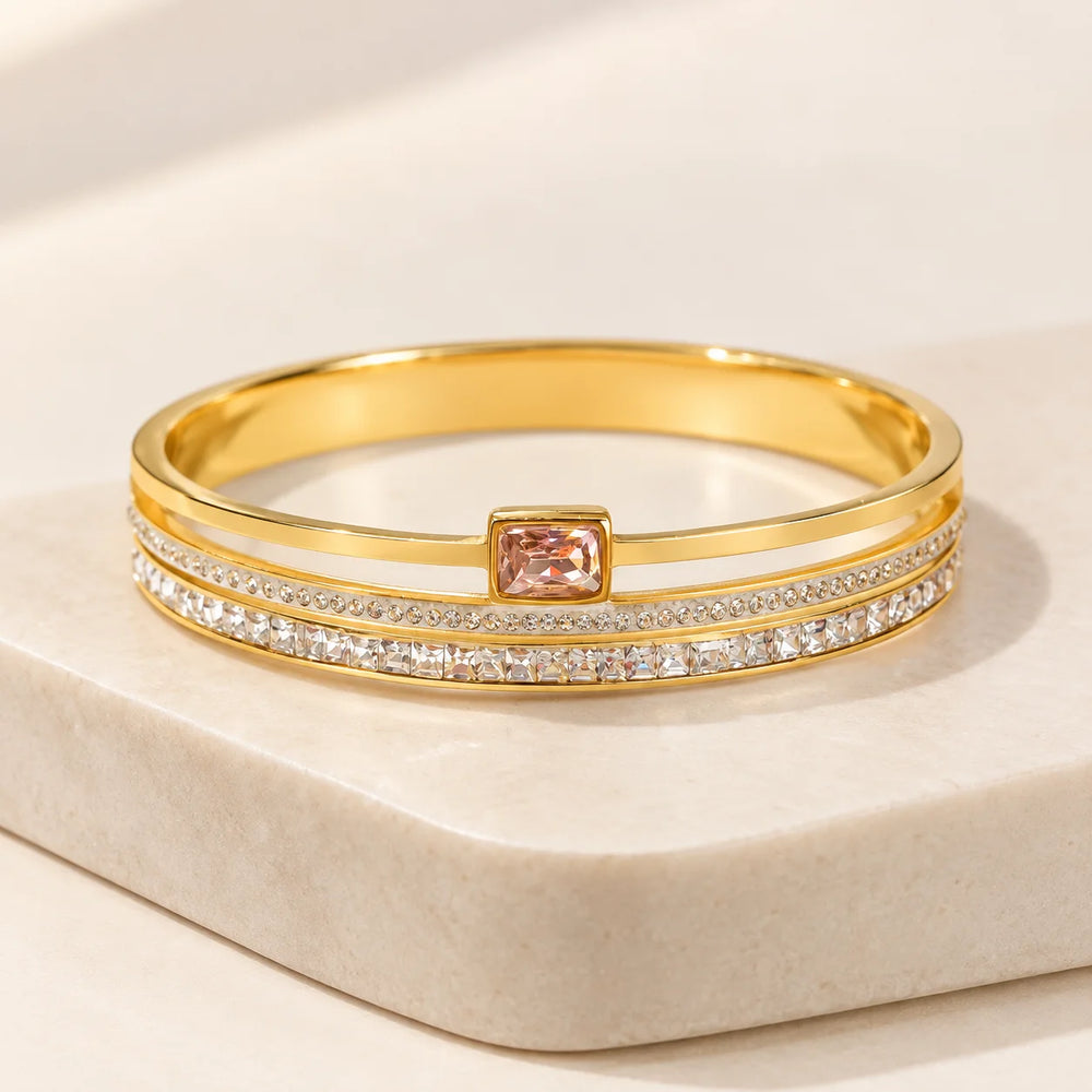 Pink Square Crystal Anti Tarnish Gold Plated Bracelet | Korean Layered Bangle