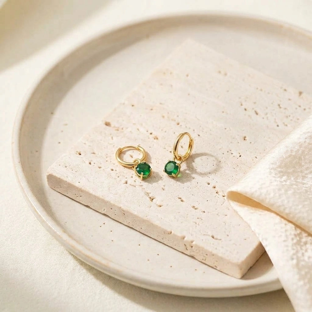 Emerald Green Drop Hoop Earrings - Anti Tarnish Gold Plated