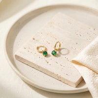 Emerald Green Drop Hoop Earrings - Anti Tarnish Gold Plated