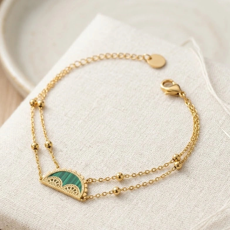 Green Stone Semi-Circle Double Layer Gold Plated Bracelet | Anti-Tarnish