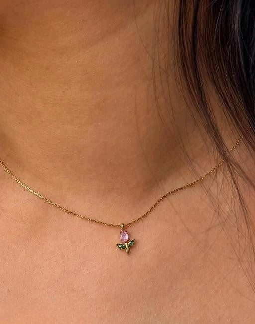 Pink Tulip Pendant Anti-Tarnish Gold Plated Necklace - Minimalist Aesthetic