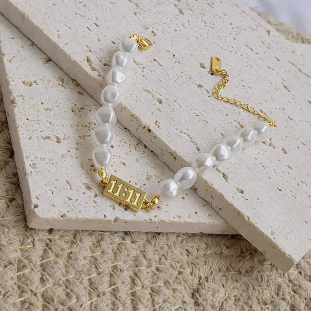 11:11 Angel Number Pearl Bracelet | Anti-Tarnish Gold-Plated