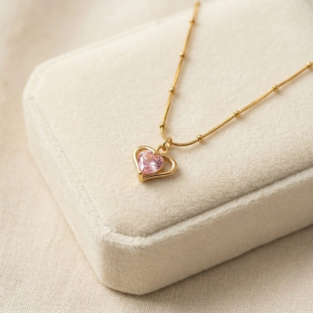 Pink Heart Pendant Necklace - Anti-Tarnish Gold Plated