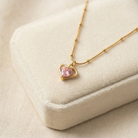 Pink Heart Pendant Necklace - Anti-Tarnish Gold Plated