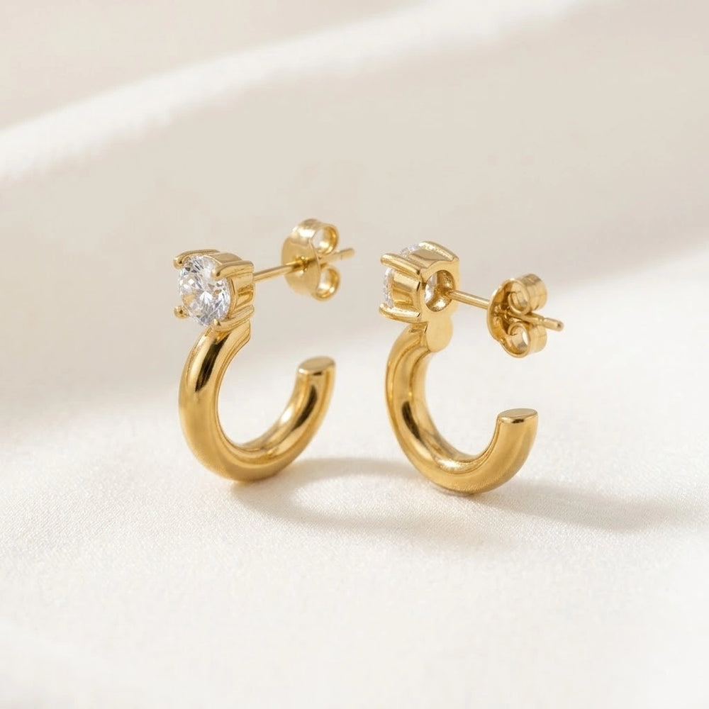 Crystal Solitaire C-Hoop Earrings | Anti Tarnish Gold Plated