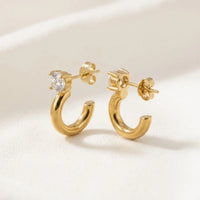 Crystal Solitaire C-Hoop Earrings | Anti Tarnish Gold Plated