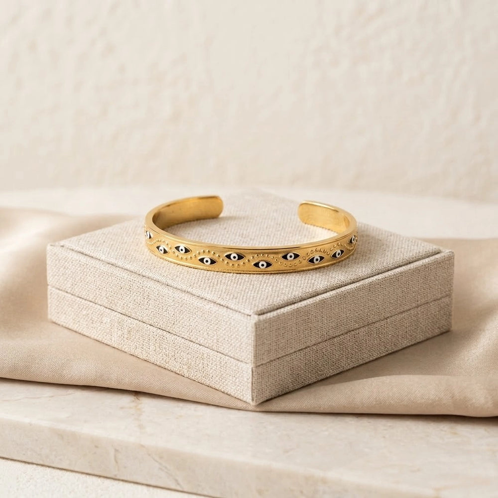 Evil Eye Gold Plated Cuff Bangle | Anti-Tarnish Bracelet