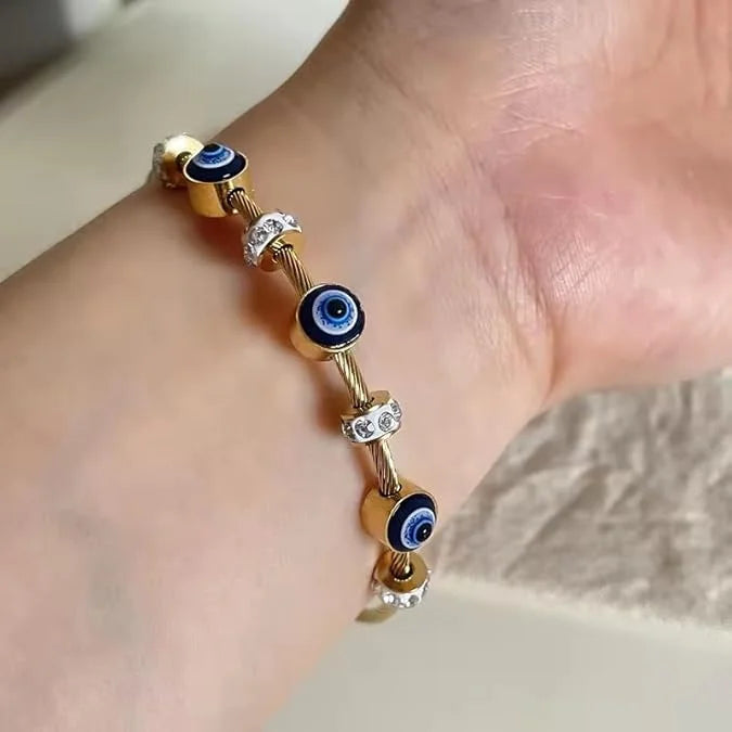 Evil Eye Anti-Tarnish Gold Plated Wire Bangle Bracelet for Women