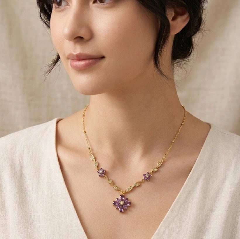 Purple Floral Vine Anti-Tarnish Gold-Plated Necklace
