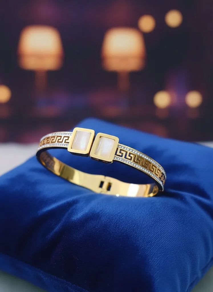 Greek Key Opal Stone Bangle - Anti-Tarnish Gold Plated Bracelet for Women