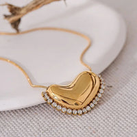 Anti-Tarnish Gold-Plated Puffy Heart Necklace with Crystal Border
