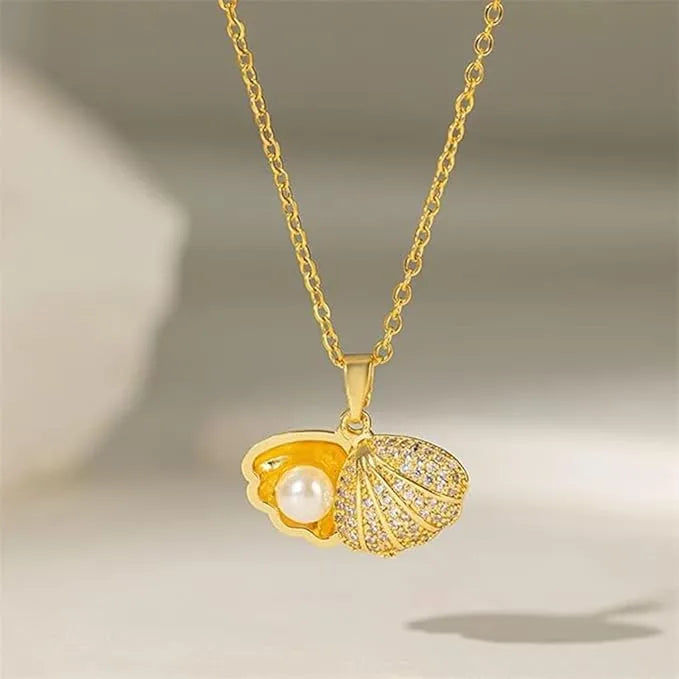 Pearl Shell Necklace – Gold Plated Anti-Tarnish Seashell Pendant with Pearl