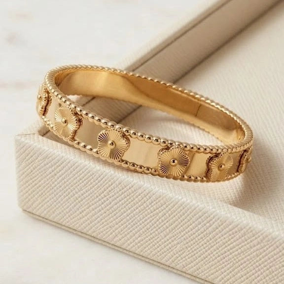 Anti-Tarnish Floral Motif Bangle - Gold Plated Vintage Bracelet