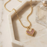 Pink Heart Lock Necklace - Anti-Tarnish Gold Plated Beaded Chain