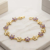 Purple Floral Gold-Plated Bracelet - Anti-Tarnish Dainty Jewelry