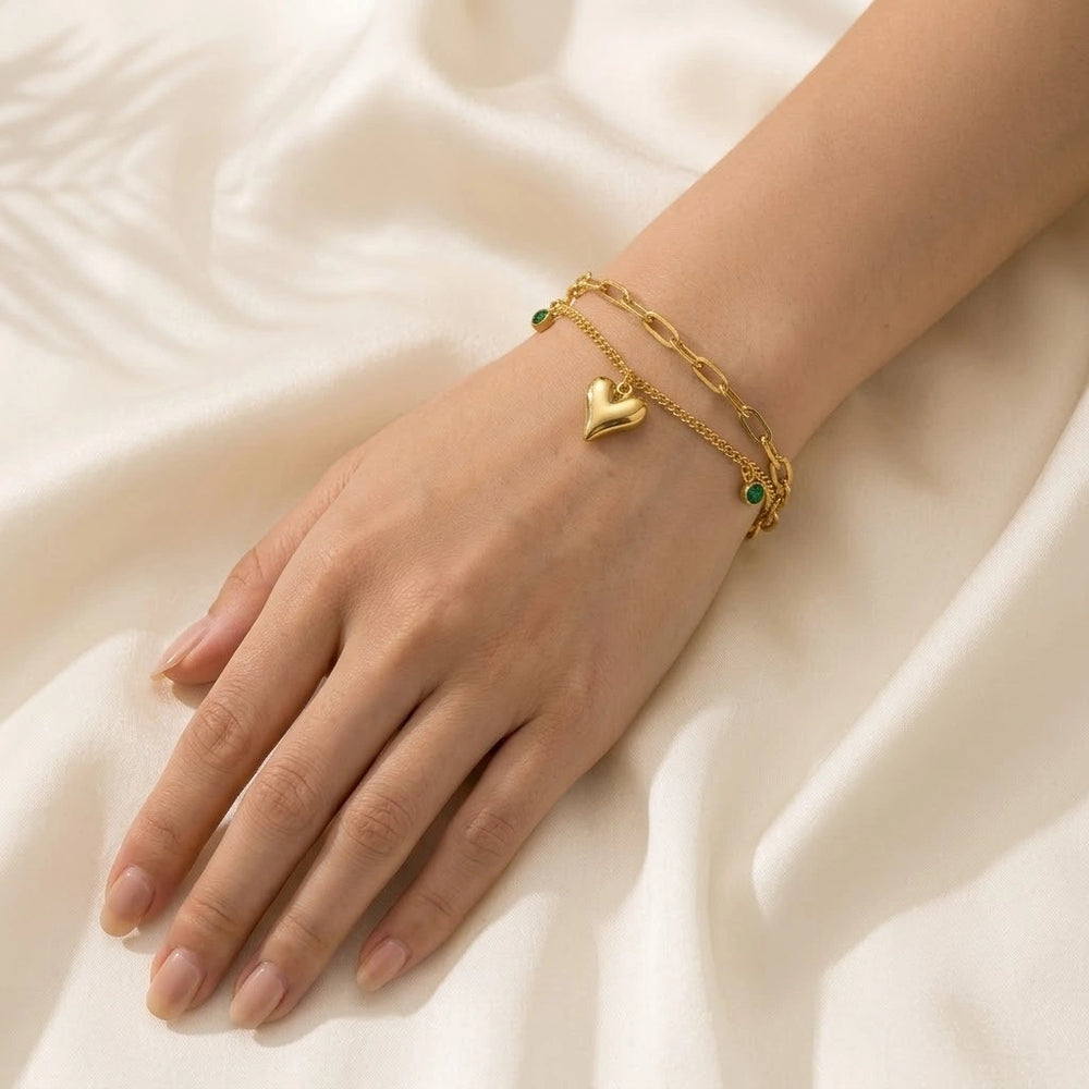 Emerald Heart Double Layered Anti Tarnish Gold Plated Bracelet for Women