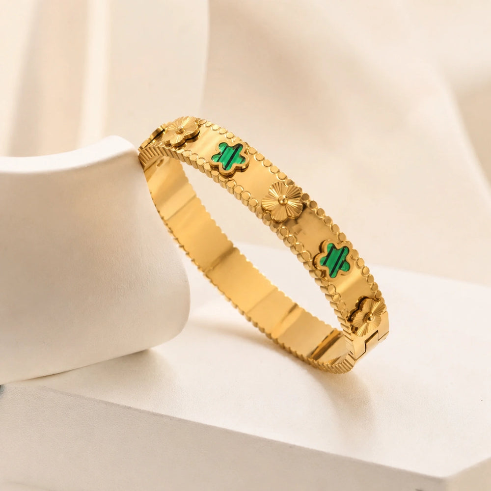 Green Clover Motif Gold Plated Bangle | Anti-Tarnish Bangle