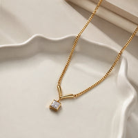 Anti-Tarnish Gold Plated V-Shape Geometric Necklace with Square Crystal