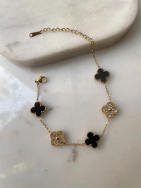 Black & Crystal Clover Anti-Tarnish Gold Plated Bracelet