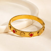 Red Clover Motif Anti-Tarnish Gold Plated Bangle Bracelet