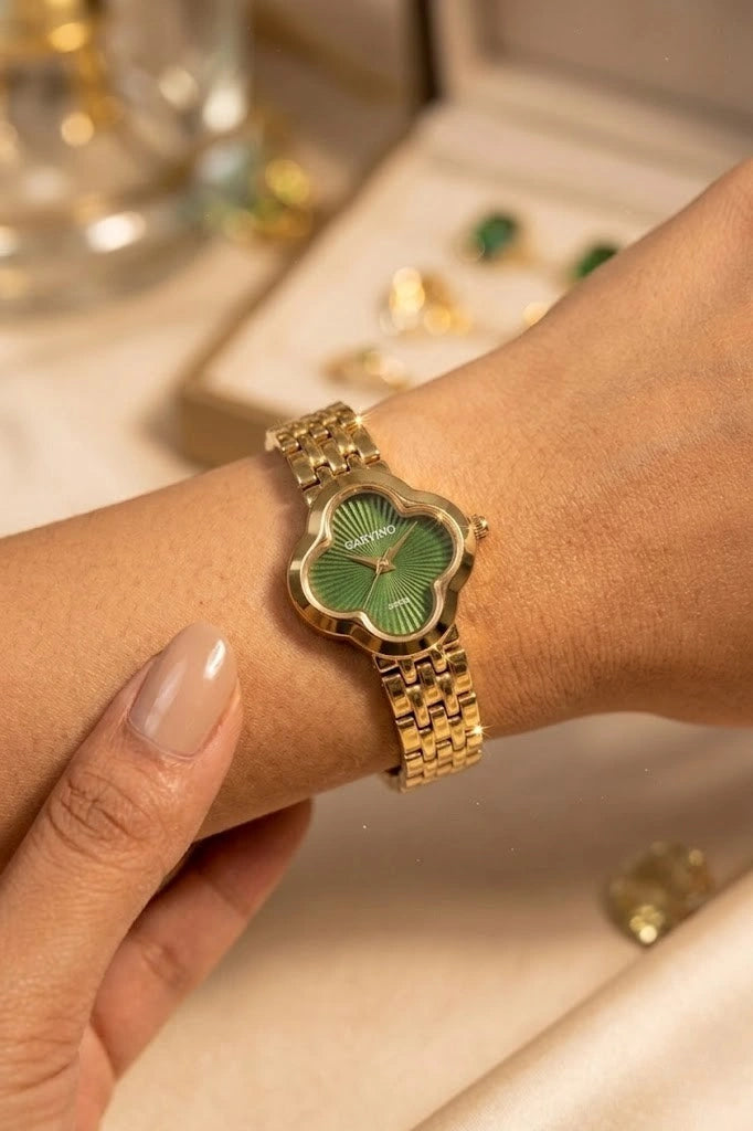 Emerald Green Clover Watch - Anti-Tarnish Gold Plated | Krishnakala Jewels