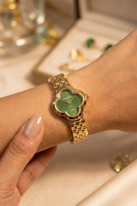 Emerald Green Clover Watch - Anti-Tarnish Gold Plated | Krishnakala Jewels
