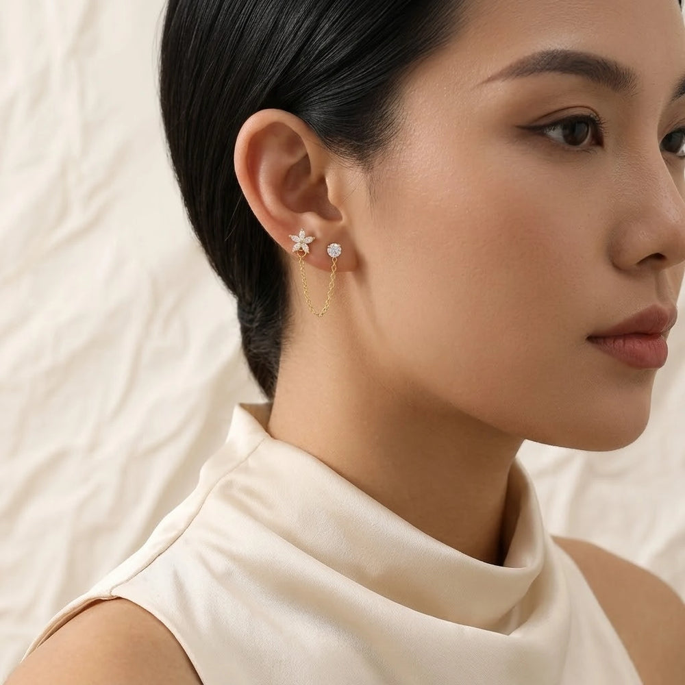 Floral Chain Double Stud Earrings | Anti-Tarnish Gold Plated