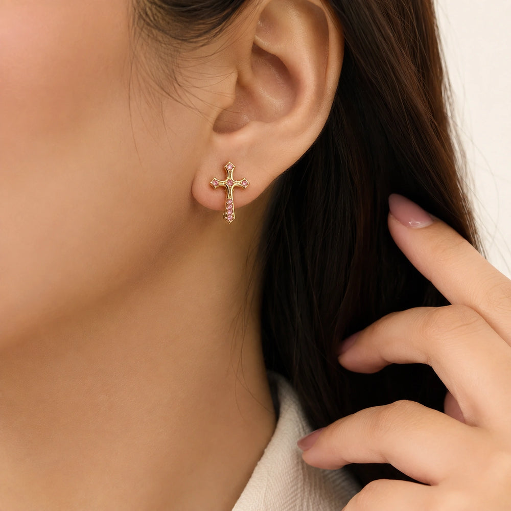 Pink Stone Cross Stud Earrings | Anti-Tarnish Gold Plated