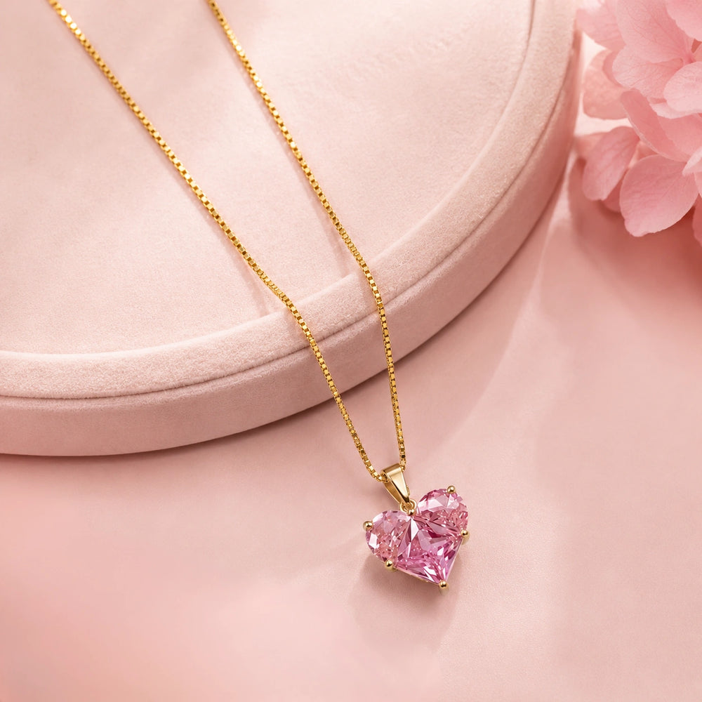 Pink Heart Crystal Pendant Necklace | Anti-Tarnish Gold Plated