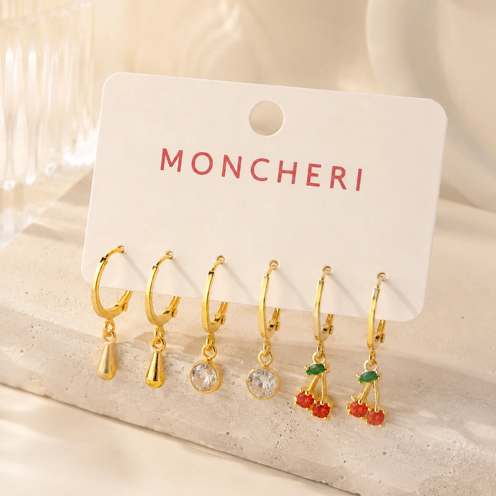 Cherry & Crystal Charm Hoop Earring Set - Anti Tarnish Gold Plated