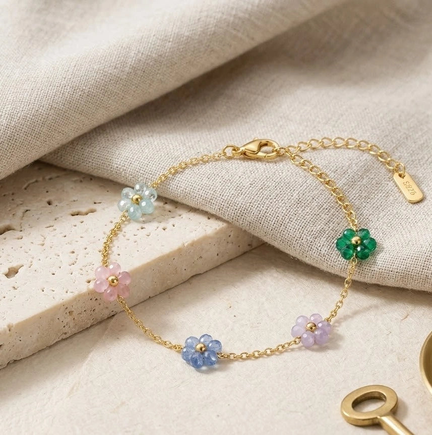 Multi-Color Floral Beaded Bracelet - Anti-Tarnish Gold Plated