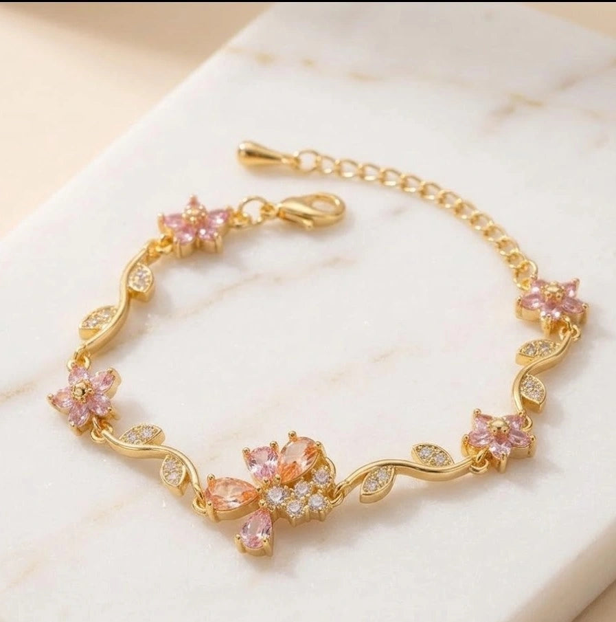 Floral Vine Pink Crystal Bracelet | Anti-Tarnish Gold Plated