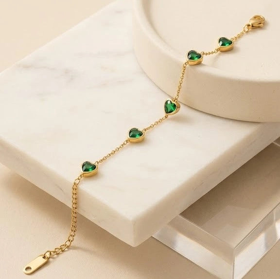 Emerald Green Heart Anti Tarnish Gold Plated Bracelet - Minimalist Korean Style
