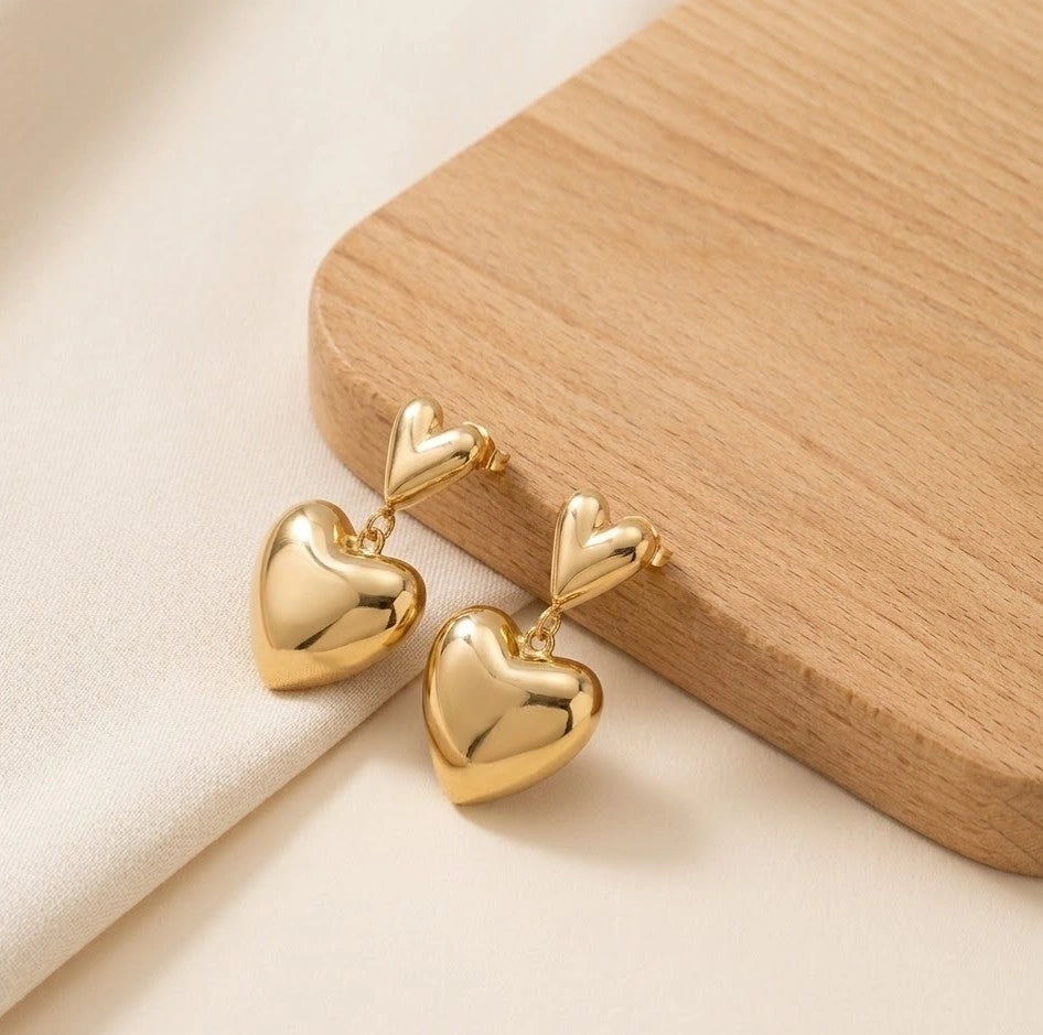 Double Heart Drop Earrings - Anti-Tarnish Gold Plated