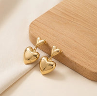 Double Heart Drop Earrings - Anti-Tarnish Gold Plated