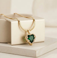 Emerald Green Heart Pendant Gold Plated Necklace - Anti Tarnish
