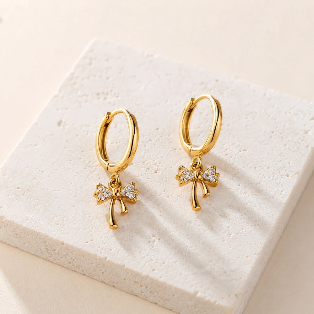 Coquette Crystal Bow Drop Hoop Earrings - Anti Tarnish Gold Plated