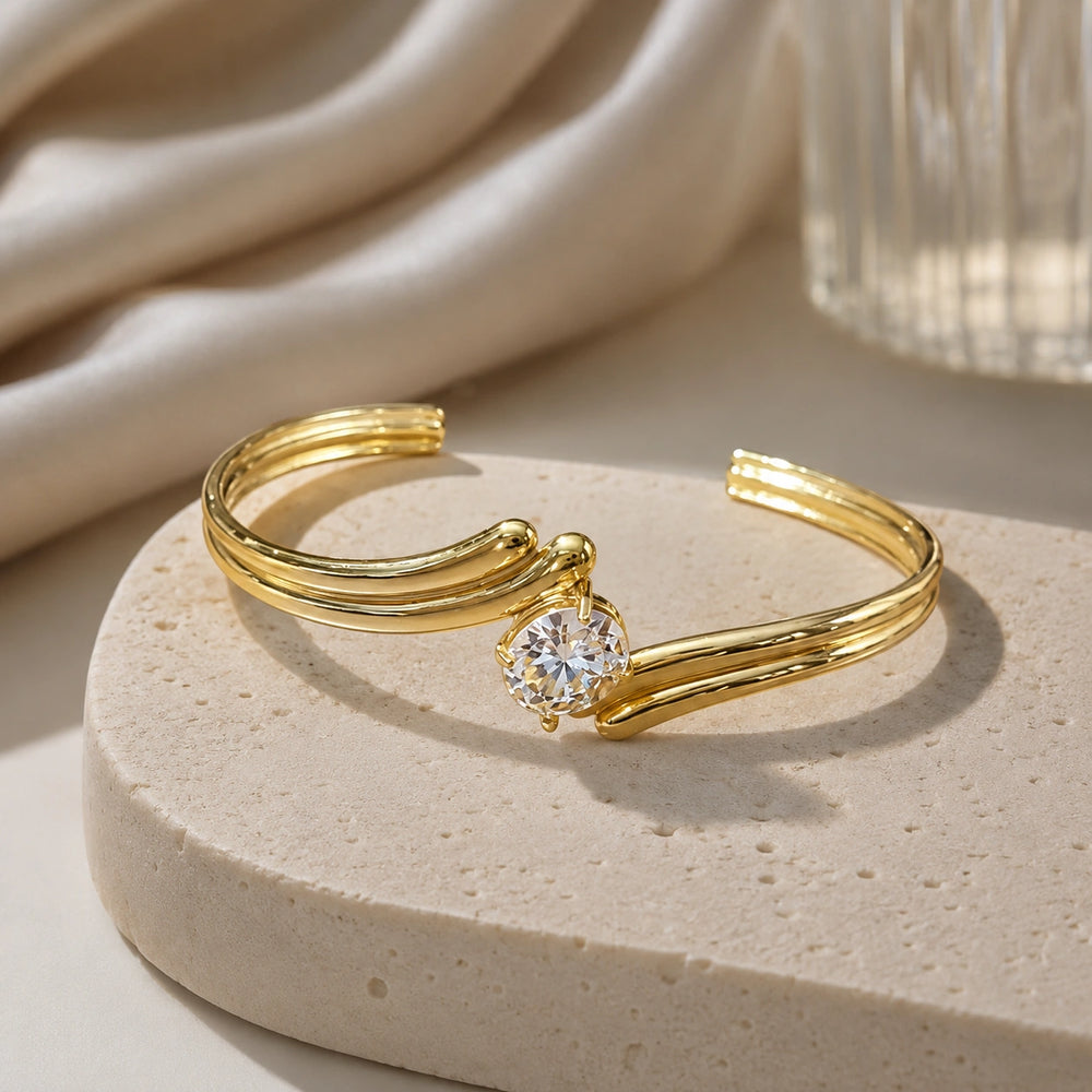 Anti-Tarnish Gold-Plated Solitaire Cuff Bracelet | Minimalist Open Bangle