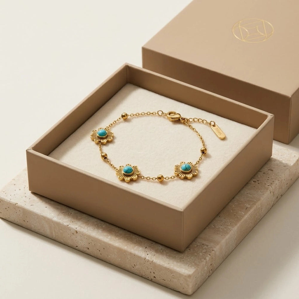 Turquoise Flower Dainty Bracelet - Anti-Tarnish Gold-Plated