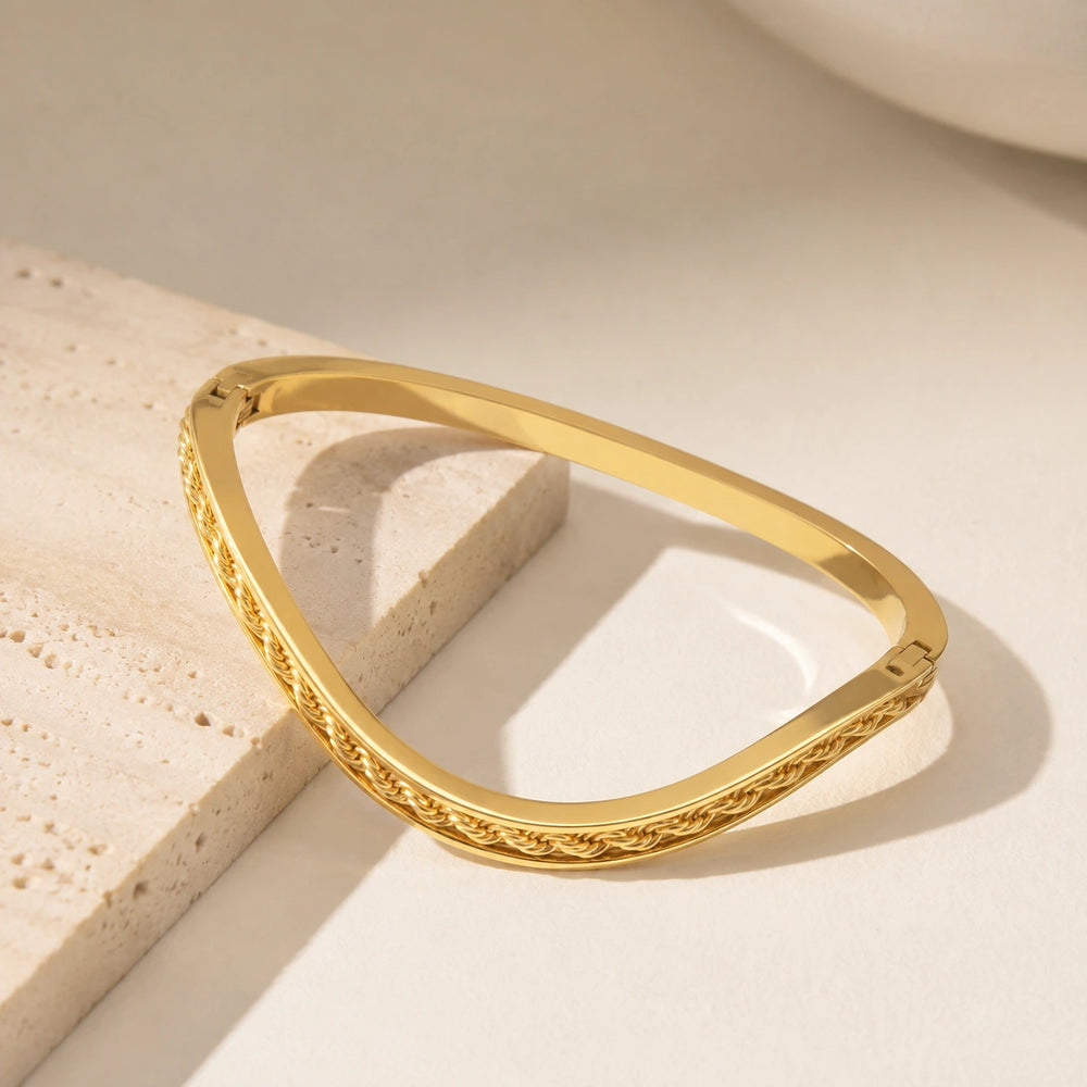 Wavy Braided Gold Plated Bangle - Anti-Tarnish Minimalist Bracelet