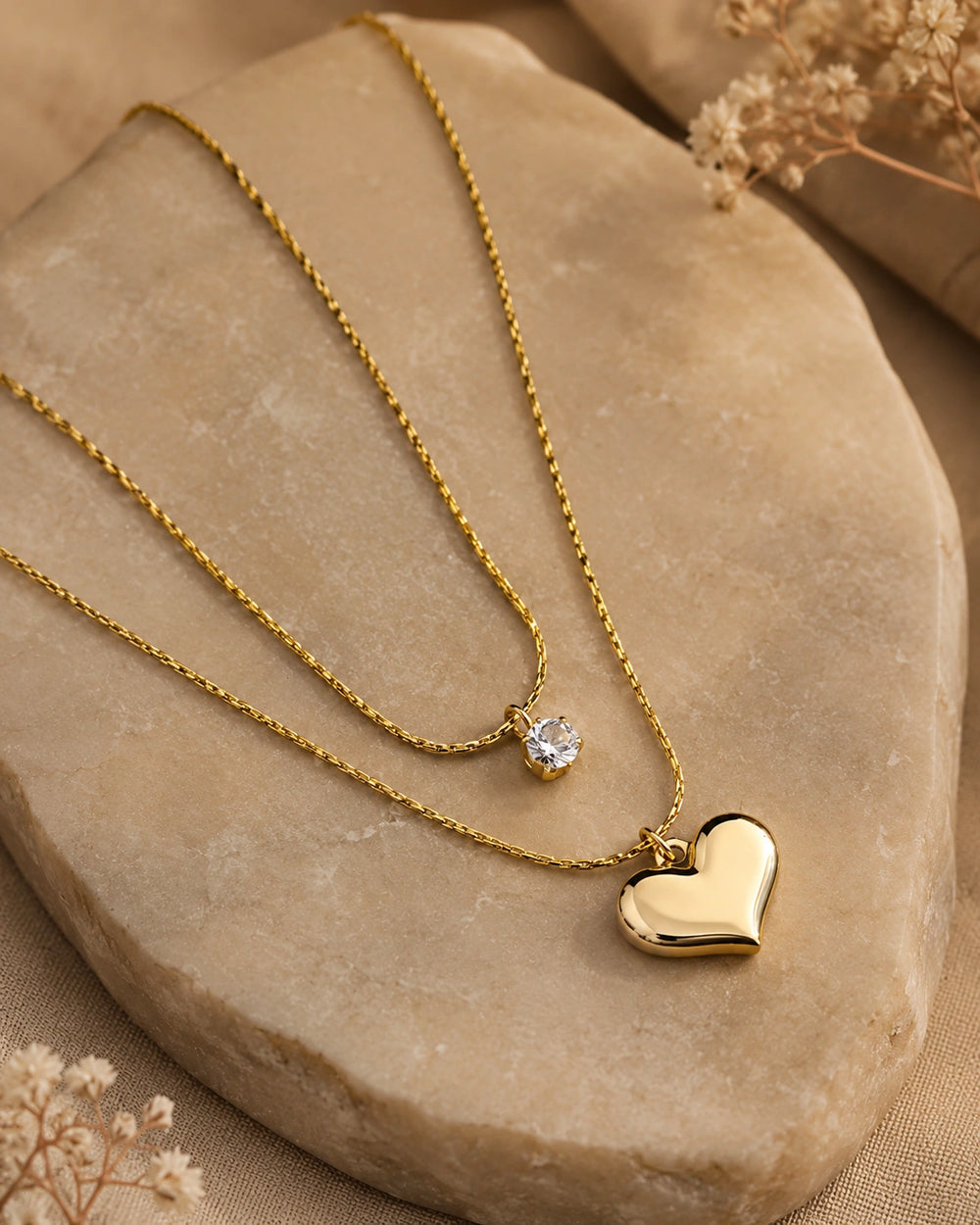 Minimalist Double Layer Heart & Solitaire Necklace | Anti-Tarnish Gold Plated