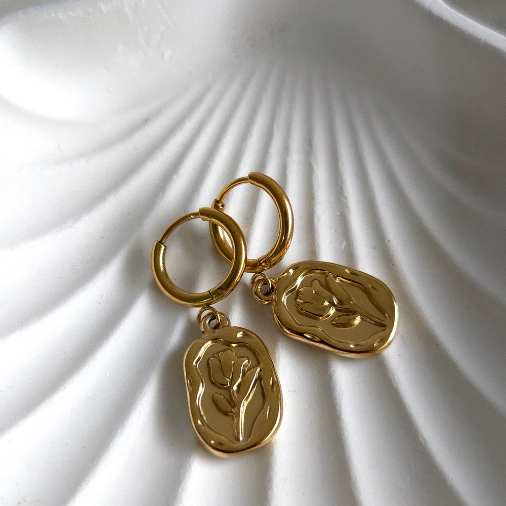 Vintage Floral Embossed Hoop Earrings - Anti-Tarnish Gold Plated