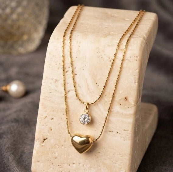 Layered Heart & Crystal Pendant Necklace - Anti Tarnish Gold Plated