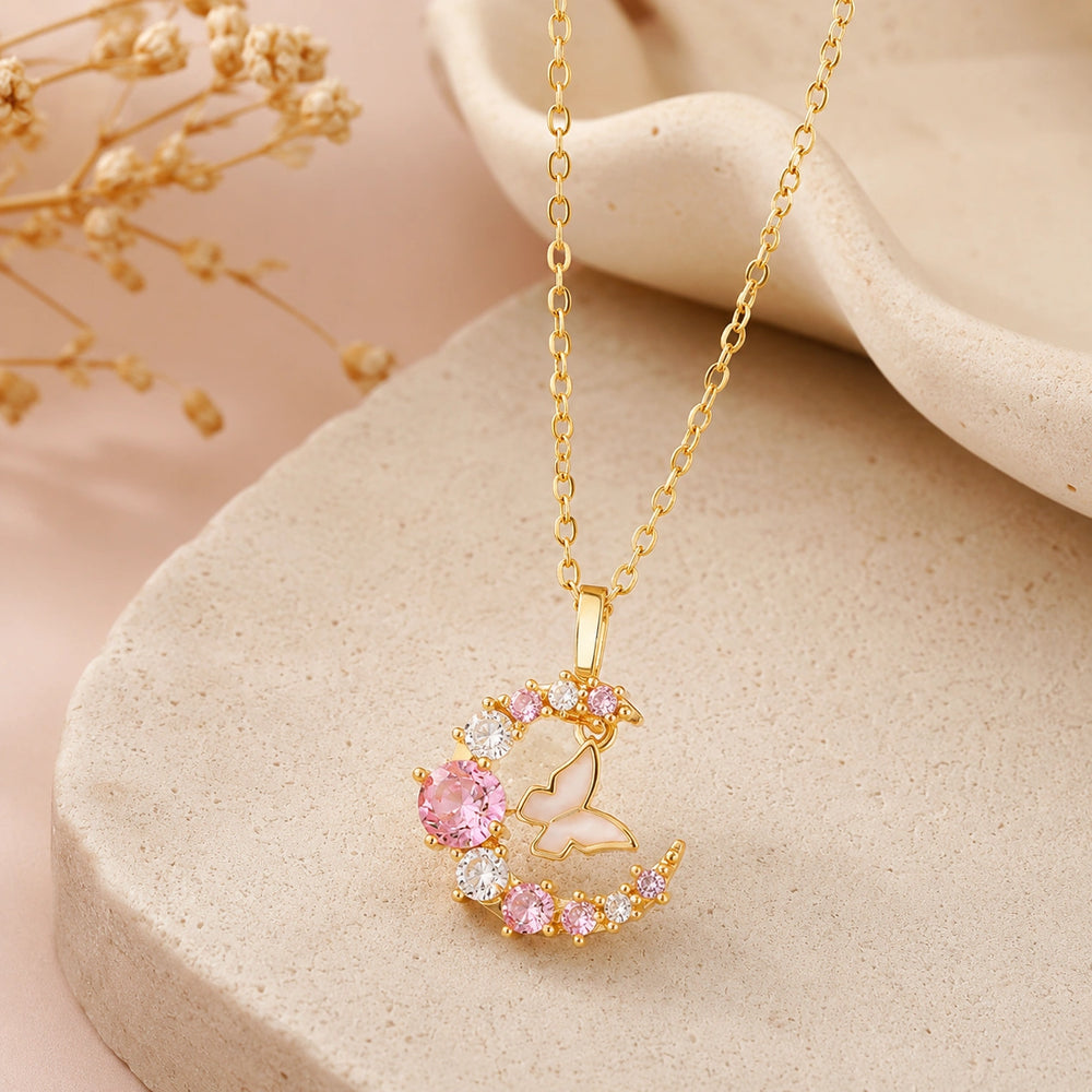 Crescent Moon & Butterfly Pendant Necklace - Anti Tarnish Gold Plated
